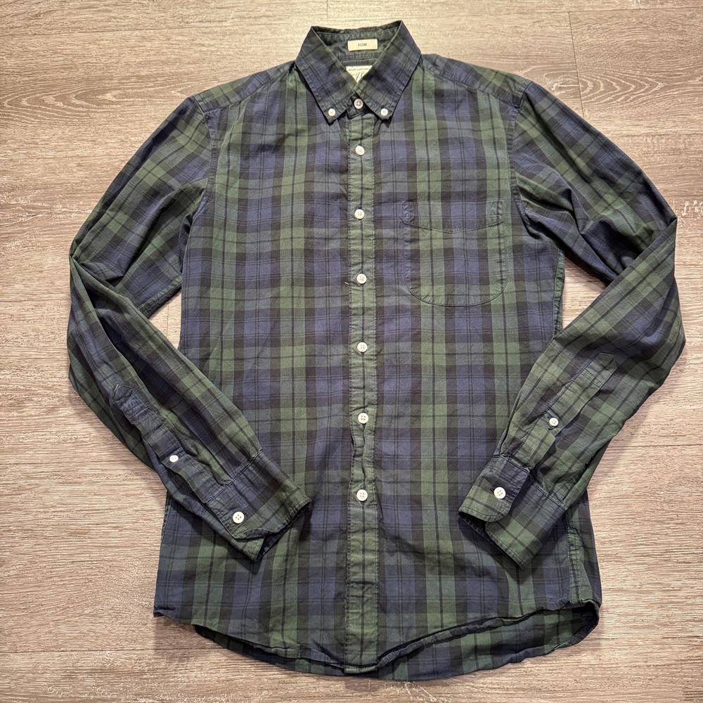 J Crew Shirt‎ Mens XS Green Blue Plaid Secret Wash Stretch Slim Cotton Preppy